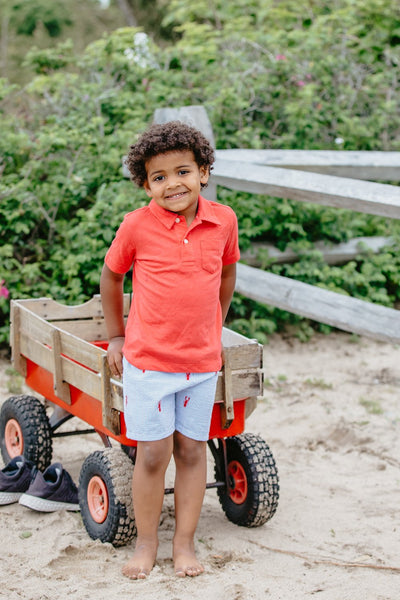 Kids Blue Seersucker Shorts with Red Embroidered Lobsters