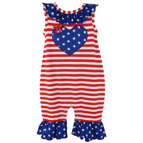 Fourth of July Heart America Flag Baby Girls' Romper