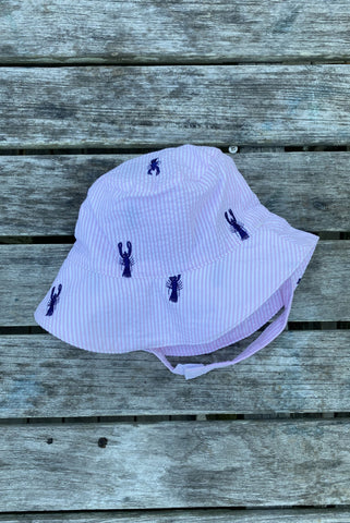 Baby Bucket Hat- Pink Seersucker with Navy Embroidered Lobsters
