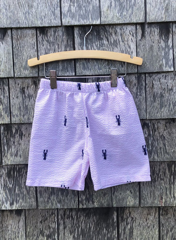 Pink Seersucker Shorts with Navy Embroidered Lobsters & Polo Shirt