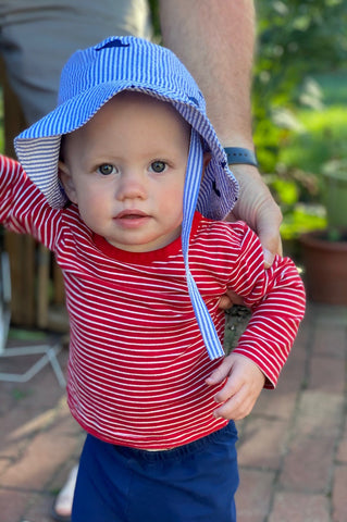 Baby Bucket Hat- Blue Seersucker with Navy Embroidered Martha's Vineyards