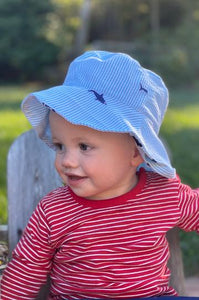 Baby Bucket Hat- Turquoise Seersucker with Navy Embroidered Sharks