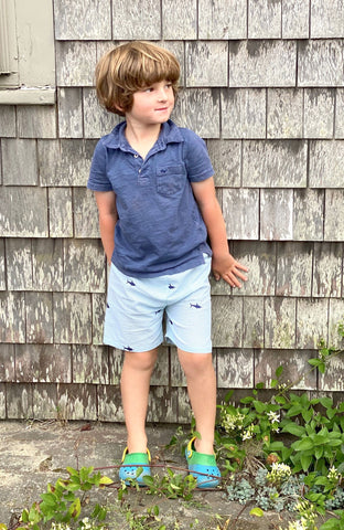 Kids Turquoise Seersucker Shorts with Navy Embroidered Sharks