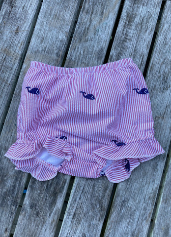 Baby Bloomers- Red with Navy Whales