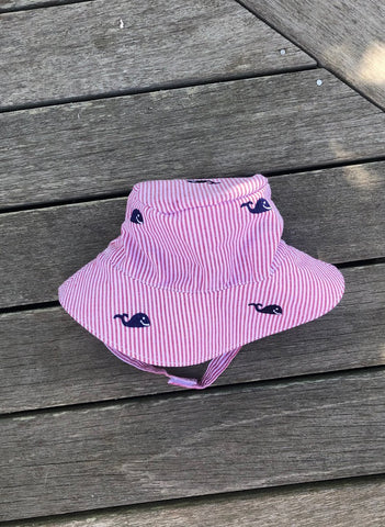 Baby Bucket Hat- Red Seersucker with Navy Embroidered Whale