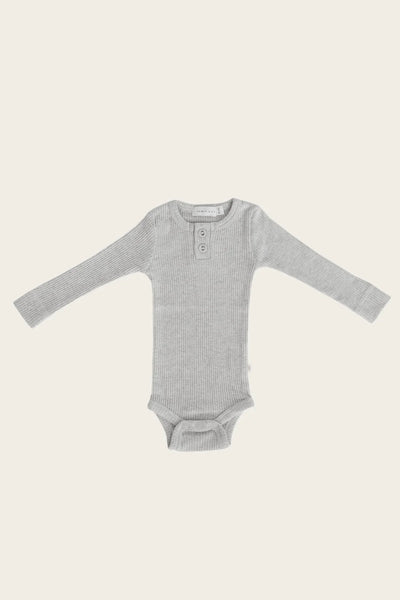 Organic Essential Fine Rib Long Sleeve Bodysuit - Light Grey Marle